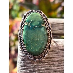 Vintage LWE Native American Navajo Green Turquoise Sterling Silver Ring, Sz 7.25